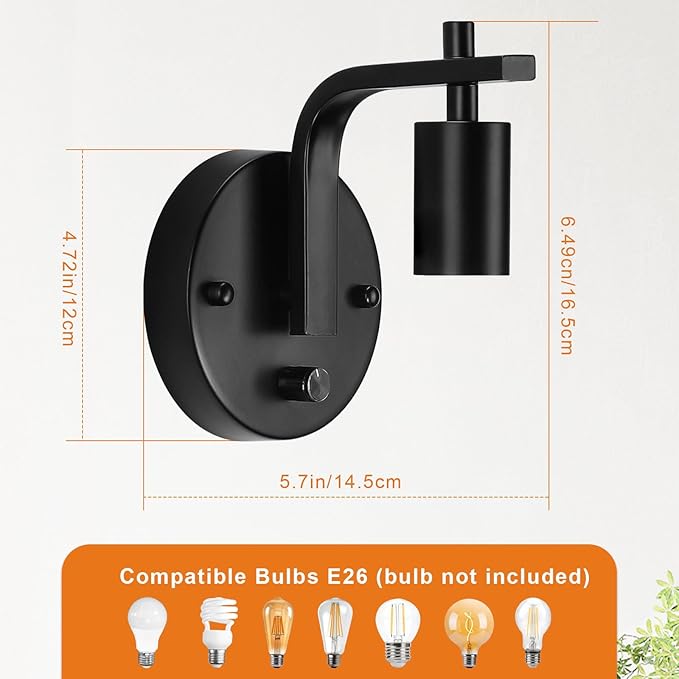 Wall Sconces Set of Two, Wall Light with Switch, Dimmble Black Sconce Lights Indoor, Wall Lights for Bedroom, Bedside Wall Lamps