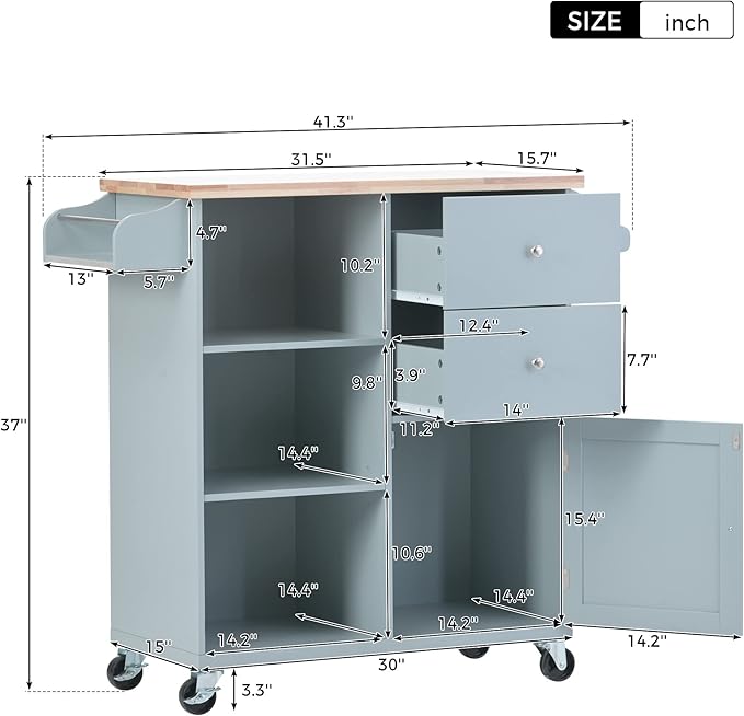 Fashion Store Kitchen Island Cart with Rubber Wood Top and 2 Drawers,4 Wheels and 3 Open Shelves,for Kitchen,Dining Room,Bathroom,Living Room (Grey Blue@E)