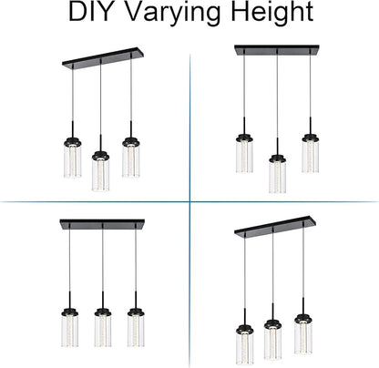 MELUCEE Dimmable LED Pendant Light 3-Light Linear Dining Room Light Fixture Over Table Black Chandelier, 3000K-6000K Adjustable Color Temperature Island Lights with Clear Glass Shade