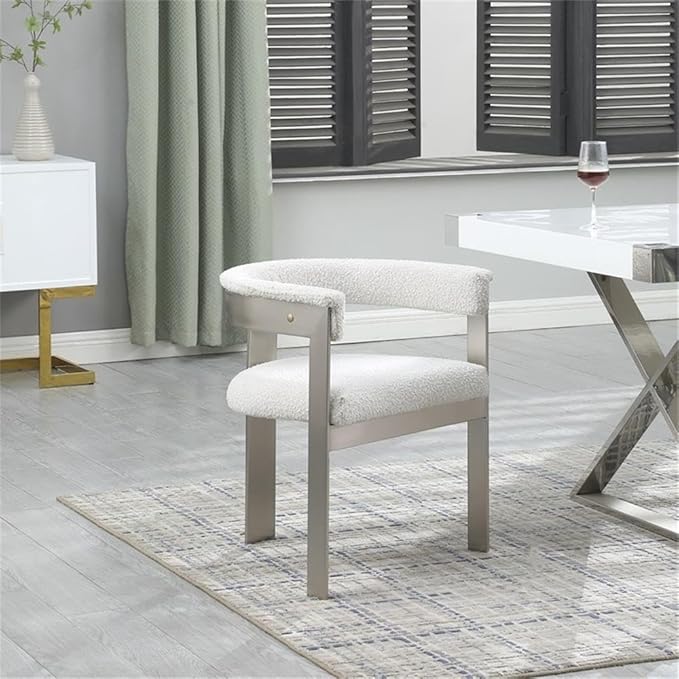 Pemberly Row Contemporary Dining Chair Set, Cream Boucle Fabric, Brushed Chrome Metal Frame, 23.5" W x 21.5" D x 28" H, Modern Upholstered Seating for Kitchen or Dining Room