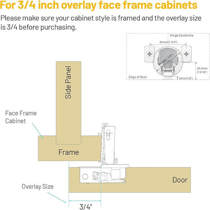 Furniware 60 Pack 30 Pairs 3/4 inch Overlay Soft Close Hinges for Face Frame Kitchen Cabinet Hinges Satin Nickel - 3 Way Adjustability Concealed Soft Close Hinges Damper Self Closing