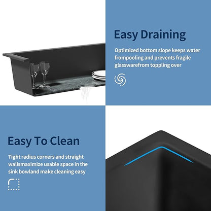 Black Bar Sink 13 x 15 Inch, Matte Black Granite Composite Undermount Kitchen Sinks, 13'' x 15'' Quartz Stone Small Kitchen Sinks With Sink Drain Assembly and Sink Bottom Grid