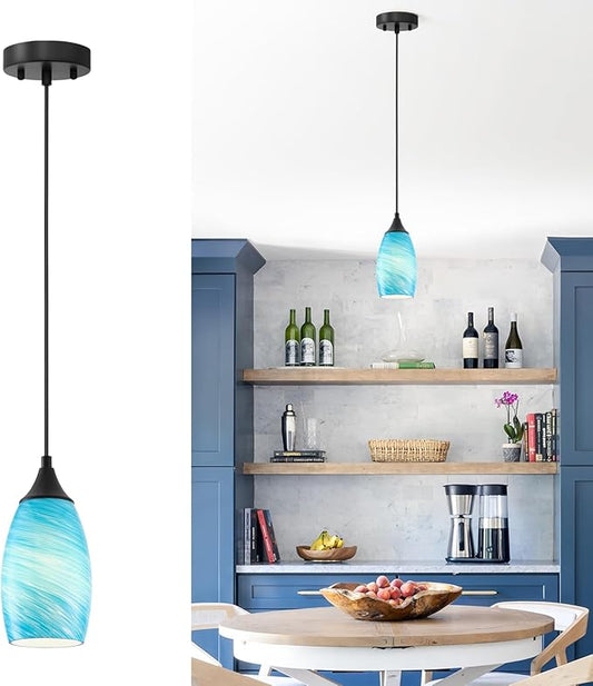 ANYLOVE Vintage Art Lake Blue Stripe Pendant Lighting,1-Pack Hand Glass Hanging Light Fixture,Adjustable Cord for Kitchen,Hallway,Dining Room