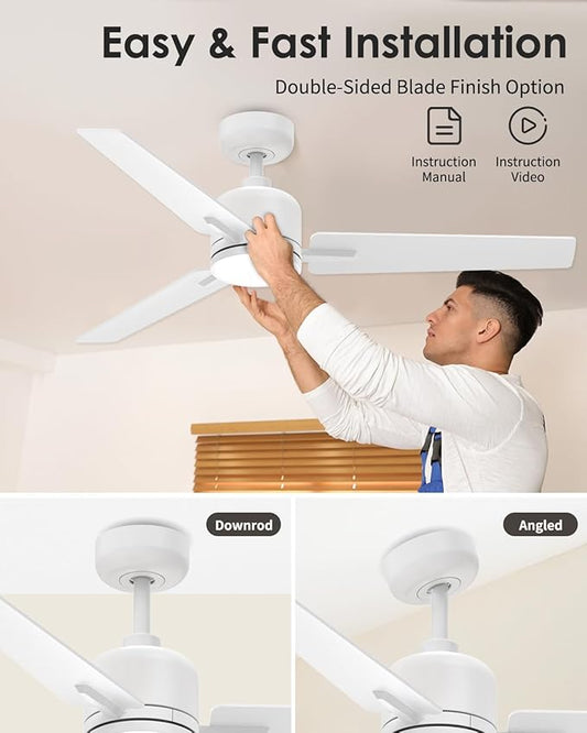 52 Inch White Ceiling Fan with Lights and Remote, Modern DC Motor Ceiling Fan with 3 Reversible White/Natural Wood Blades, 3CCT Dimmable LED, 6 Speeds, Quiet Fan for Nursery, Bedroom, Patio