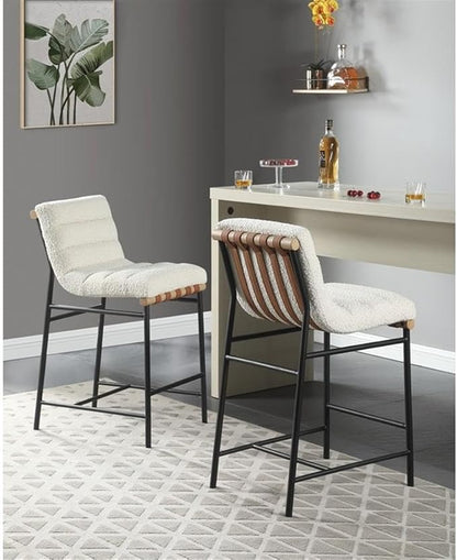 Lilola Home Lahni 18" W White Boucle Fabric Counter Height Chair – Contemporary Upholstered Bar Stool with Cognac PU Leather Detail and Fully Assembled Design for Kitchen Dining Room