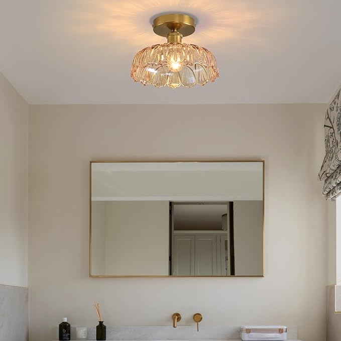Semi Flush Mount Ceiling Light Mid Century Modern Floral Amber Glass Shade, Close to Ceiling Lighting Fixtures for Bedroom, Bathroom, Kitchen, Closet Laundry Room, Foyer and Hallway 9.45 in