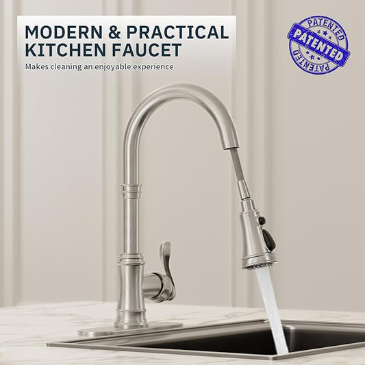 BWE Brushed Nickel Kitchen Faucet with Pull Down Sprayer, Solid Brass Single Handle High Arc Kitchen Sink Faucet, 3 Spray Modes, Deck Plate Included, Farmhouse Bar Kitchen Faucet