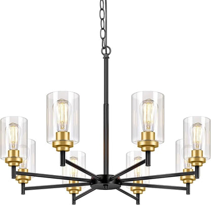Sucolite 33.5'' 8-Light Chandelier for Dining Room Kitchen Island, Modern Farmhouse Pendant Lighting with Glass Shades Industrial Black Hanging Ceiling Light Fixture for Living Room, Height Adjustable