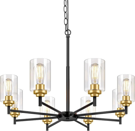 Sucolite 33.5'' 8-Light Chandelier for Dining Room Kitchen Island, Modern Farmhouse Pendant Lighting with Glass Shades Industrial Black Hanging Ceiling Light Fixture for Living Room, Height Adjustable