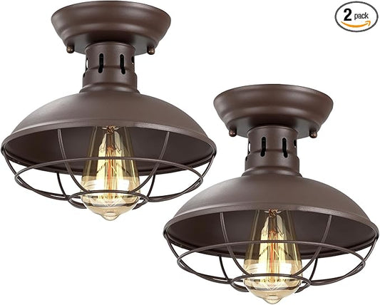 FRIDEKO HOME 2 Pack Farmhouse Flush Mount Ceiling Light Industrial Ceiling Light Fixture Rustic Copper Metal Cage Flush Mount Ceiling Light E26 Base for Hallway Foyer Kitchen Porch
