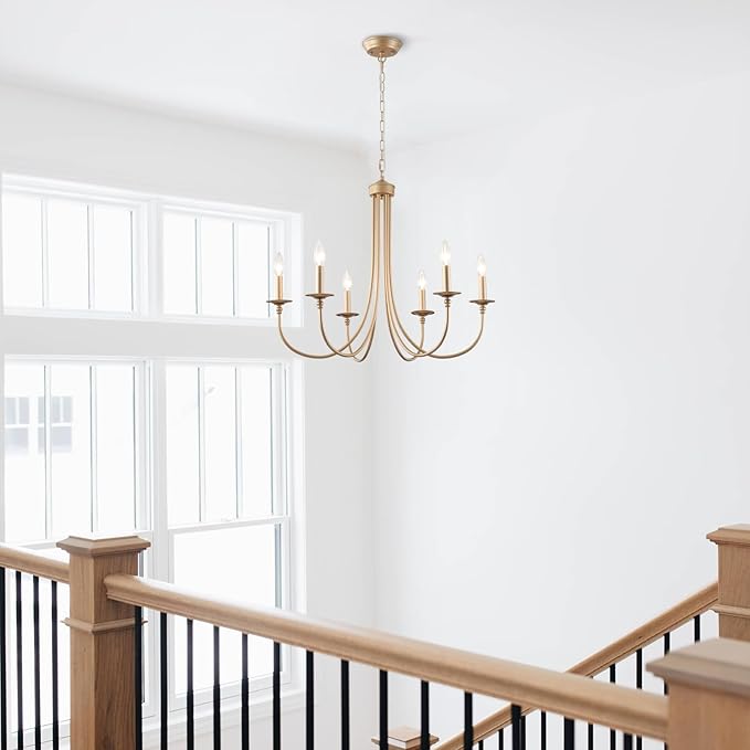 ALISADABOY Gold Farmhouse Chandelier Modern Candlestick Dining Chandelier Light Fixture Industrial 6 Light Pendant Lighting for Kitchen Living Room Bedroom Foyer Entrance Hallway Entryway