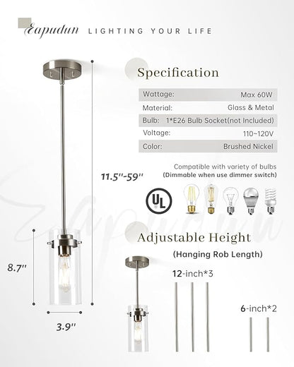 EAPUDUN Pendant Lights Kitchen Island (3 Pack), Clear Glass Shade Kitchen Lighting fixtures Ceiling Hanging, Black Pendant Lights for Kitchen Island,Dining Room,Corridor Bedroom E26 Base