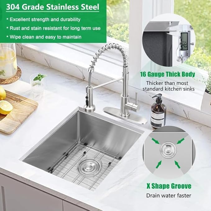 Herogo 15×17 Inch Undermount Stainless Steel Kitchen Sink, 9" Deep Small Single Bowl Drop In Sink with Accessories for Rv Home Wet Bar, Brushed Nickel