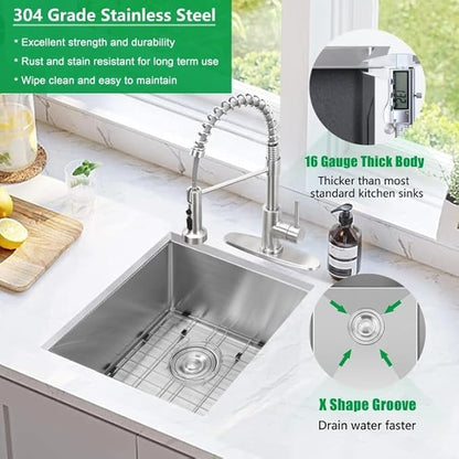 Herogo 15×17 Inch Undermount Stainless Steel Kitchen Sink, 9" Deep Small Single Bowl Drop In Sink with Accessories for Rv Home Wet Bar, Brushed Nickel