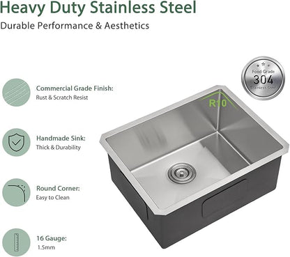 27 Inch Undermount Kitchen Sink 27x18 Stainless Steel Single Bowl Kitchen Sinks 16 Gauge Under Counter Round Corner Handmade Sinks Basin, 27x18x9 Inch
