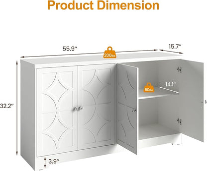 RoyalCraft Sideboard Buffet Cabinet with Storage, 56" Modern Sideboard with 4 Carved Doors and Adjustable Shelves, Large Wood Coffee Bar Console Table for Kitchen, Dining Room, Satin White