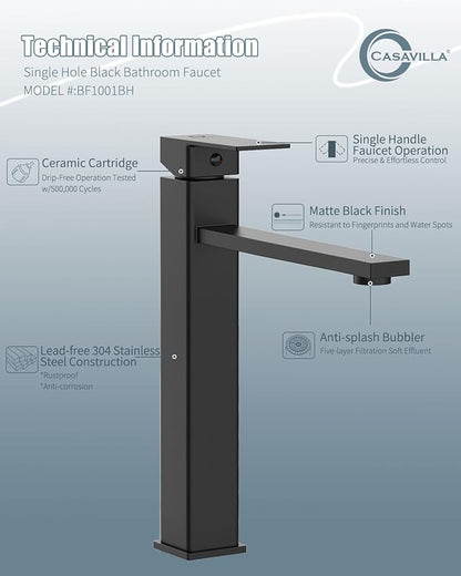 Bathroom Faucets(2 Sets),Matte Black Bathroom Faucet with Pop-up Drain and Supply Hoses,Single Hole High Barrel Vanity Faucet for Vessel Sink,Single Handle Stainless Steel RV Faucet