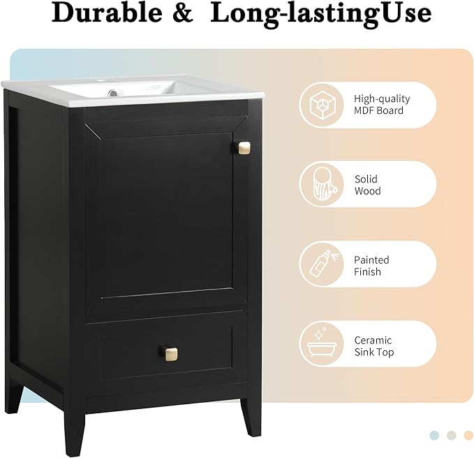 20" Bathroom Vanity with Ceramic Sink Top Set, Multi-Functional Storage Cabinet with Rack Organizer and Drawer, Soft-Closing Door, Solid Wood Frame, Black