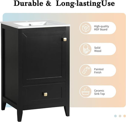 20" Bathroom Vanity with Ceramic Sink Top Set, Multi-Functional Storage Cabinet with Rack Organizer and Drawer, Soft-Closing Door, Solid Wood Frame, Black