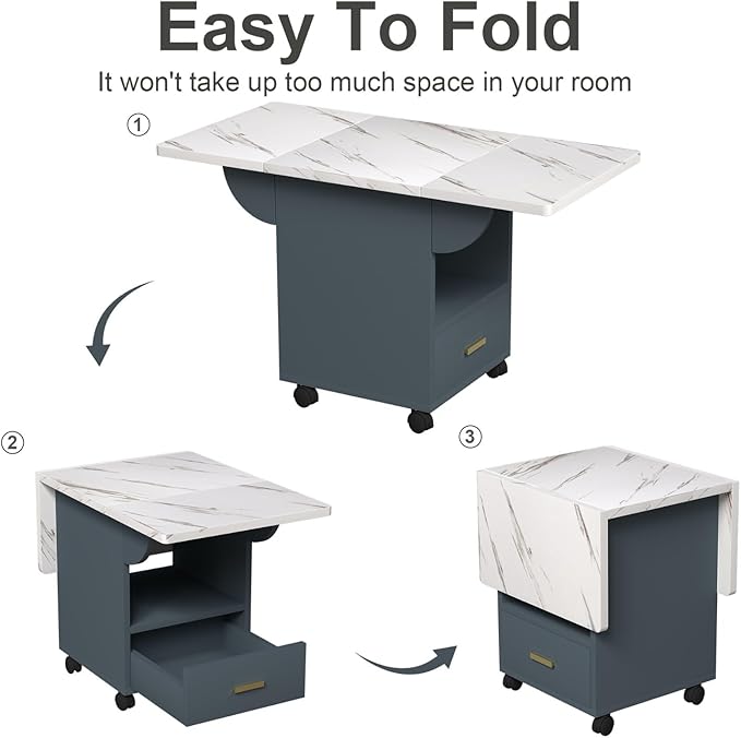Wood Folding Dining Table with Wheels, Space-Saving Extendable Kitchen Table with Storage Rack and Drawer, Movable Versatile Table for Dining, End Table, or Workspace