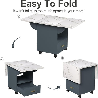 Wood Folding Dining Table with Wheels, Space-Saving Extendable Kitchen Table with Storage Rack and Drawer, Movable Versatile Table for Dining, End Table, or Workspace
