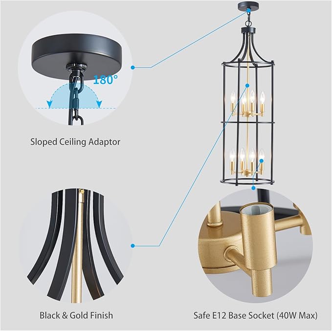 XINGQI Black and Gold Foyer Chandeliers for High Ceiling, Modern 8 Light Dinning Room Lantern Tiered Chandelier Cage Pendant Lighting Fixture for Staircase Entryway Living Room