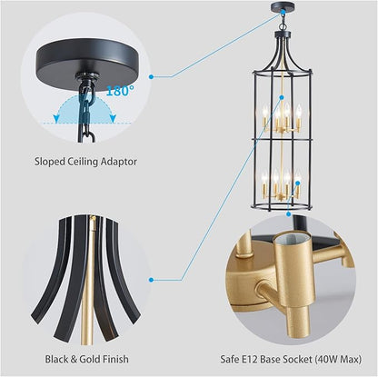 XINGQI Black and Gold Foyer Chandeliers for High Ceiling, Modern 8 Light Dinning Room Lantern Tiered Chandelier Cage Pendant Lighting Fixture for Staircase Entryway Living Room
