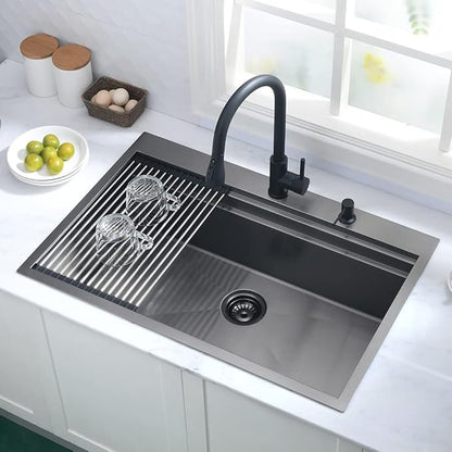 Black Kitchen Sink Drop In-Hovheir 28x22 Black Stainless Steel Drop In Kitchen Sink Top Mount Workstation Sinks 16 Gauge Single Bowl Deep Sinks with Cutting Board