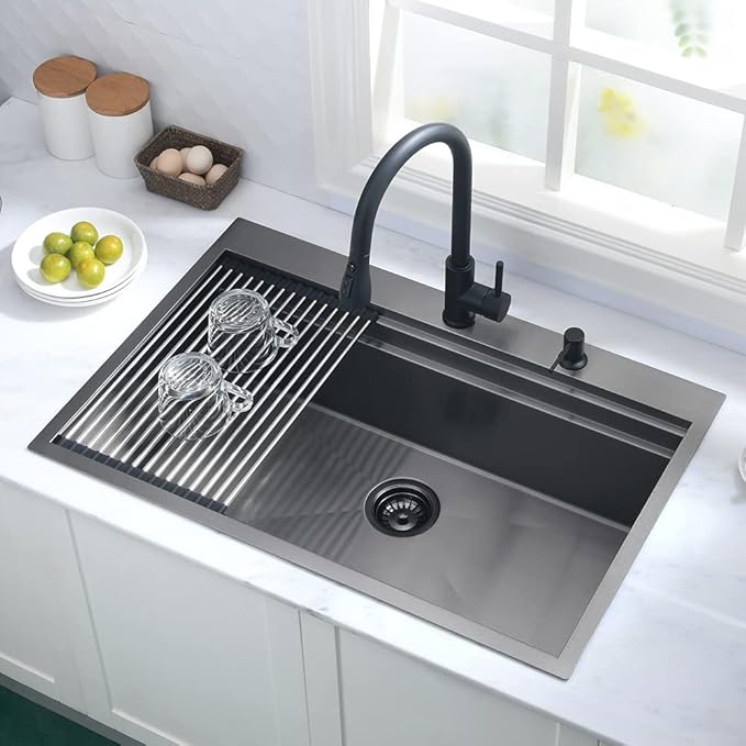 33 Inch Black Kitchen Sink Drop In Workstation-Hovheir 33x22 Drop In Top Mount Kitchen Sinks Black Stainless Sink 16 Gauge Stainless Steel Deep Single Bowl Workstation Sinks with Cutting Board