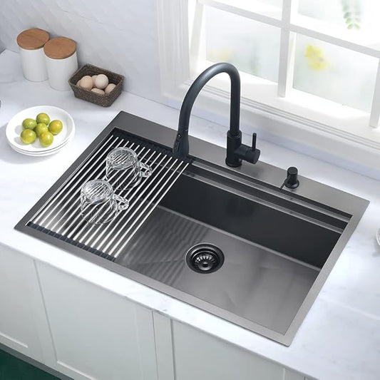 33 Inch Black Kitchen Sink Drop In Workstation-Hovheir 33x22 Drop In Top Mount Kitchen Sinks Black Stainless Sink 16 Gauge Stainless Steel Deep Single Bowl Workstation Sinks with Cutting Board