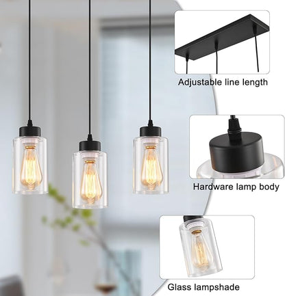 Black Chandelier,Farmhouse Light Fixtures Over Table, Dining Room Light Fixture Kitchen Island Lighting Chandeliers,Modern Pendant Light with Clear Glass Shade,Industrial Hanging Lighting