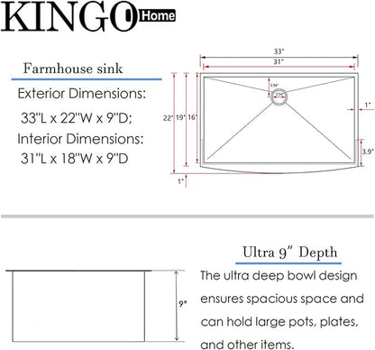 KINGO HOME Farmhouse Sink 33 Inch,16 Gauge Undermount Single Bowl 304 Stainless Steel Farmhouse Kitchen Sink, 9 Inch Deep Apron Front Farm Sink with drain