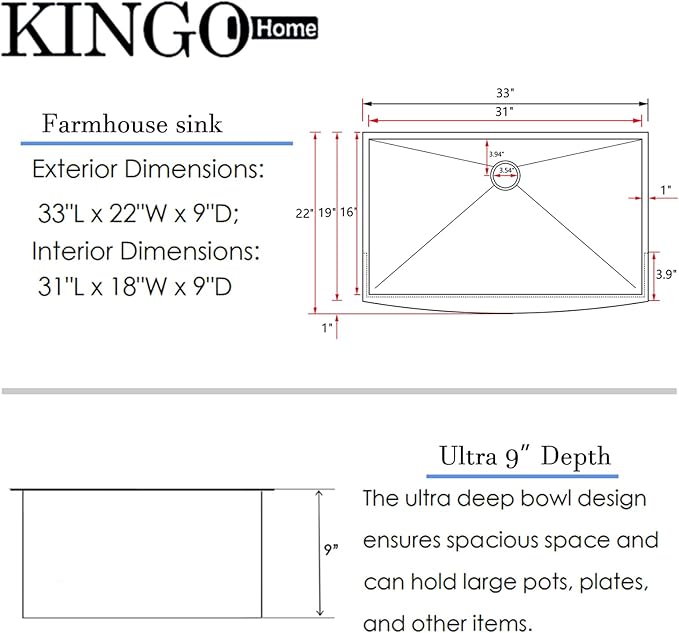 KINGO HOME Black Farmhouse Sink 33 Inch,16 Gauge Undermount Single Bowl 304 Stainless Steel Farmhouse Kitchen Sink, 9 Inch Deep Apron Front Gunmetal Black Farm Sink with drain