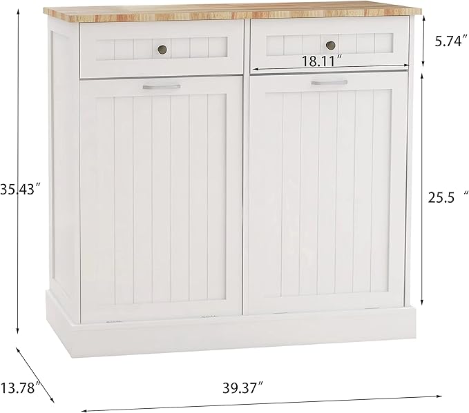 Ball & Cast Double Tilt Out Trash Cabinet, Multifunctional White Hidden Garbage Can Cabinet, Wooden Trash Can for Kitchen, Bathroom and Living Room