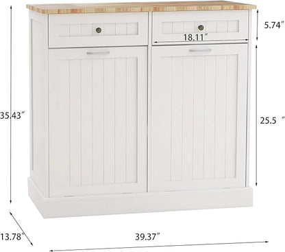 Ball & Cast Double Tilt Out Trash Cabinet, Multifunctional White Hidden Garbage Can Cabinet, Wooden Trash Can for Kitchen, Bathroom and Living Room