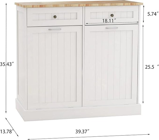 Ball & Cast Double Tilt Out Trash Cabinet, Multifunctional White Hidden Garbage Can Cabinet, Wooden Trash Can for Kitchen, Bathroom and Living Room