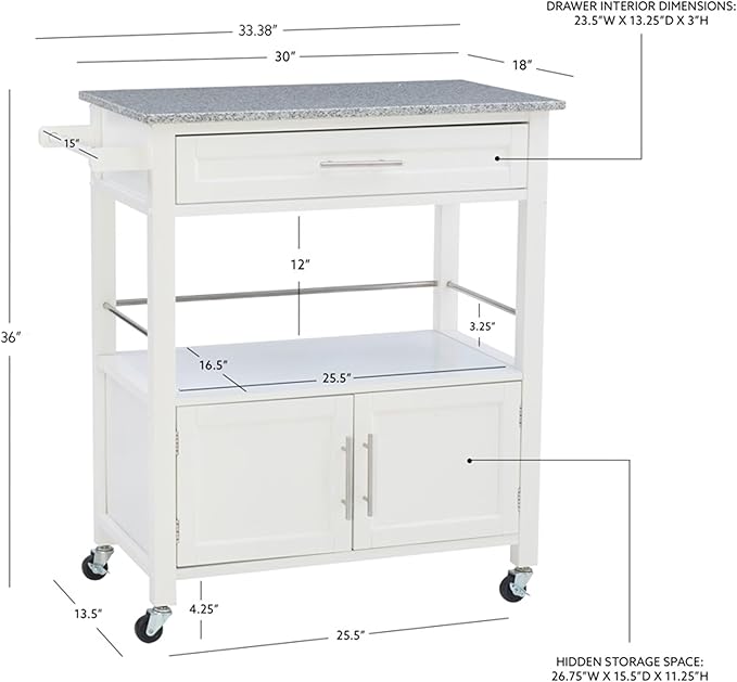 Linon Kyler White Granite Topped Kitchen Cart with Lockable Casters and Hidden Storage Spaces