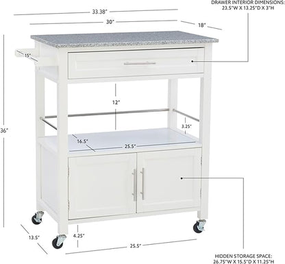 Linon Kyler White Granite Topped Kitchen Cart with Lockable Casters and Hidden Storage Spaces