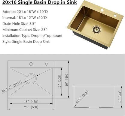 Gold Drop In Bar Sink,20x16 Top Mount Wet Bar Sink Single Bowl 16 Gauge Small Sink Stainless Steel Deep Basin