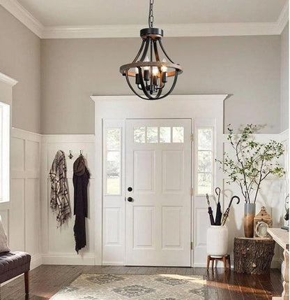 Chandeliers，Farmhouse Ceiling Chandelier Wood Black Modern Rustic Hanging Pendant Light Fixture with Chain for Dining Room Living Room Entryway Kitchen Island Bedroom Foyer Lighting（4-Light）