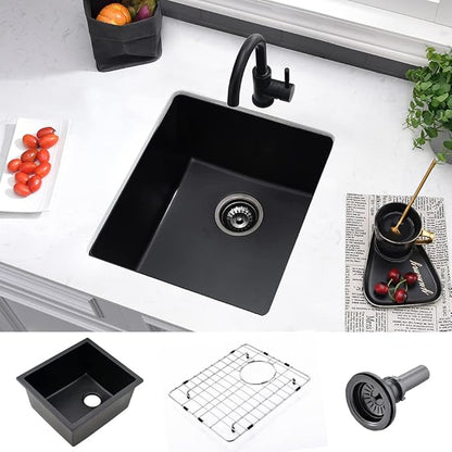 17 Inch Undermount Bar Sink Black-VASOYO 17x19 Small Kitchen Sink Black Quartz Wet Bar Sinks Outdoor Rv Single Bowl Kitchen Sinks with Bottom Grid