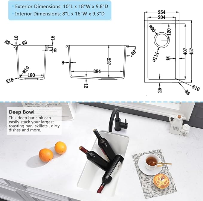 10 Inch White Bar Sink Undermount-VASOYO 10x18 Inch Undermount Wet Bar Sink Small Rv Kitchen Sinks White Quartz Composite Deep Single Bowl Small Kitchen Sinks with Bottom Grid