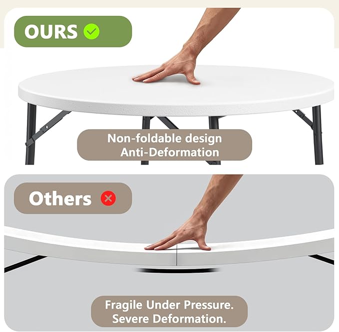 48" Folding Round Table, 48 inch Plastic Commercial Round Dinner Table with Foldable Steel Legs, Portable Card Table for Party, Events, Indoor, Outdoor, White