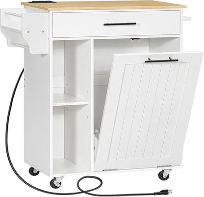 HOOBRO Kitchen Island with Trash Can Storage, Rolling Kitchen Island on Wheels, Kitchen Storage Island with Power Outlet, Mobile Islands Table for 10 Gallon Garbage Bin, Natural and White WN80UZD01G1