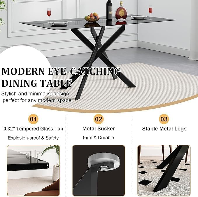 51.18" Rectangular Glass Dining Table, Tempered Glass Small Kitchen Table with Metal Tubular Legs, Stylish and Sturdy Black Dinner Table for Home and Outdoor