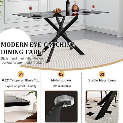 51.18" Rectangular Glass Dining Table, Tempered Glass Small Kitchen Table with Metal Tubular Legs, Stylish and Sturdy Black Dinner Table for Home and Outdoor