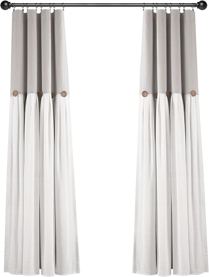 Lush Decor Linen Button Window Curtain Panel, Single, 40" W x 84" L, Gray & White - Country Curtains - Rustic Decor - Color Block Modern Farmhouse Curtains For Living Room, Bedroom & Dining Room