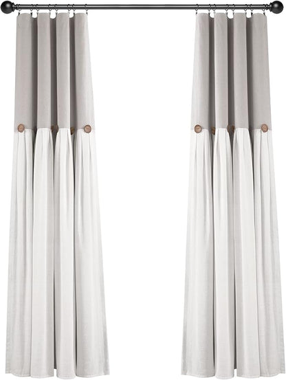 Lush Decor Linen Button Window Curtain Panel, Single, 40" W x 84" L, Gray & White - Country Curtains - Rustic Decor - Color Block Modern Farmhouse Curtains For Living Room, Bedroom & Dining Room