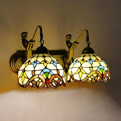 Tiffany Wall Sconce Lighting with Mermaid 2-Light Antique Wall Light Fixture Stained Glass Bowl Shade Bronze Finish Retro Vintage Wall Lamp for Bedroom Hallway Stairway Balcony Bathroom (Yellow)