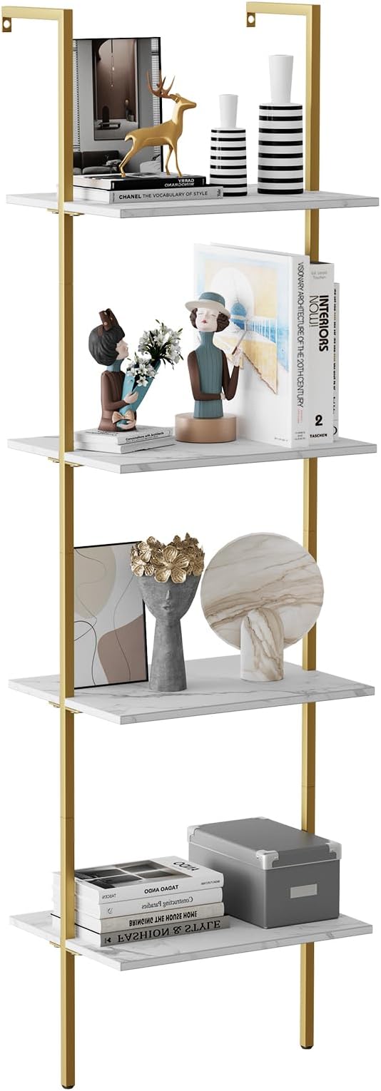 Wolawu Ladder Shelf 4 Tiers Metal Industrial Bookshelf,White Marble Wood Tall Open Storage Rack and Display Shelves,Wall Mount Wide Book Case for Home Office Bedroom,Small